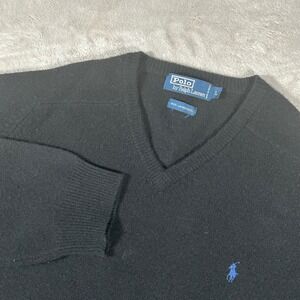Polo Ralph Lauren Mens V-Neck Sweater Black 100% Lambswool Blue Pony Logo Large